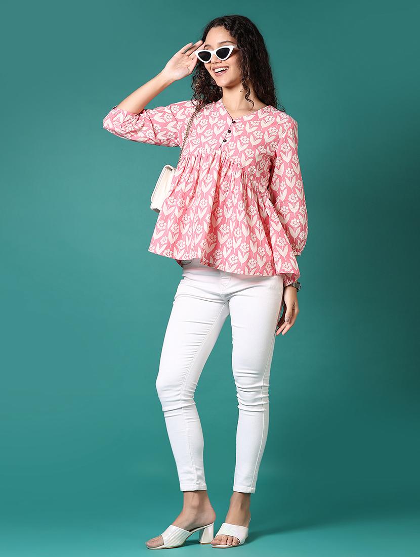 women floral printed v neck flared top - 21690596 - Standard Image - 4