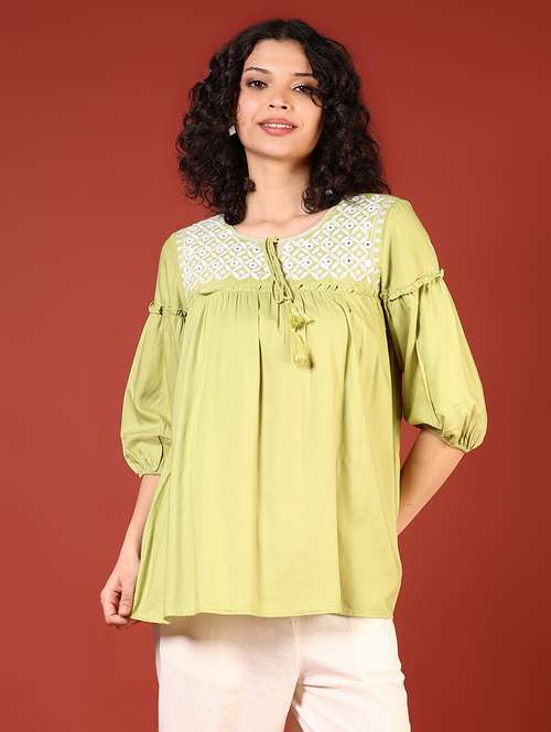 women embroidered puff sleeves flared kurti - 21690613 -  Standard Image - 0
