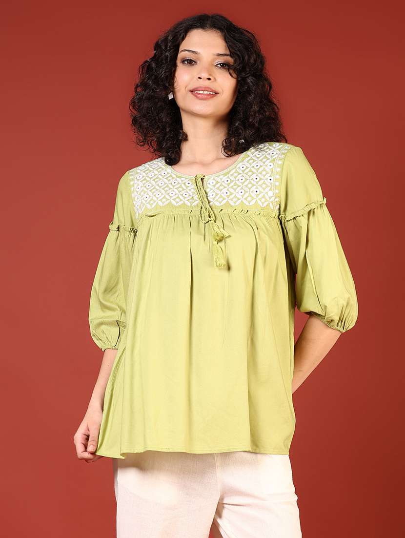 women embroidered puff sleeves flared kurti