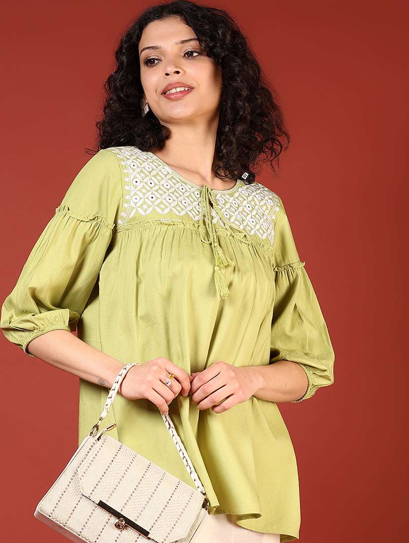 women embroidered puff sleeves flared kurti - 21690613 - Standard Image - 1