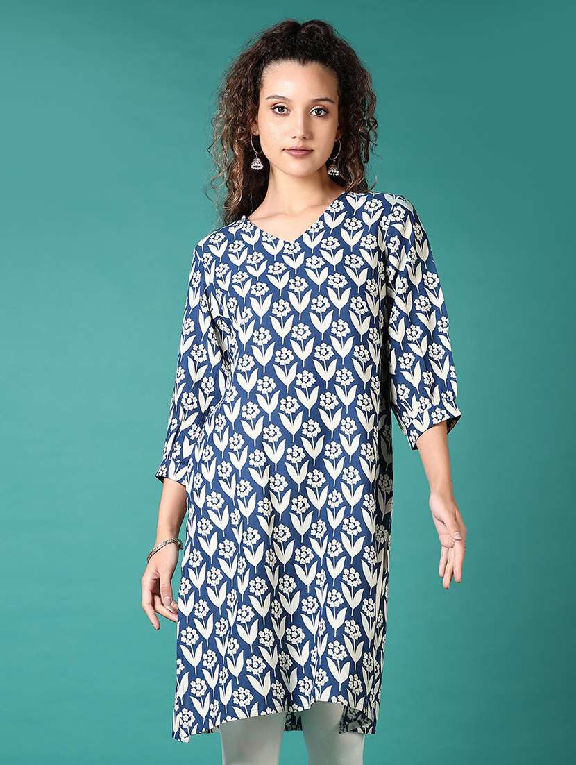 women floral printed puff sleeve straight kurta