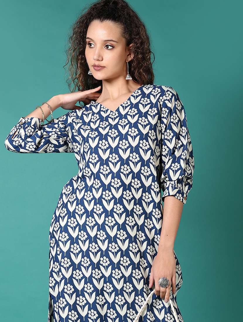 women floral printed puff sleeve straight kurta - 21690625 - Standard Image - 4