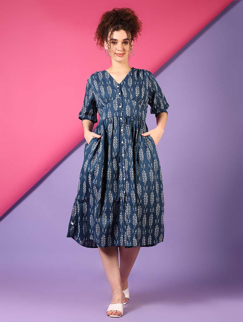 women navy blue printed fit & flare ethnic dress