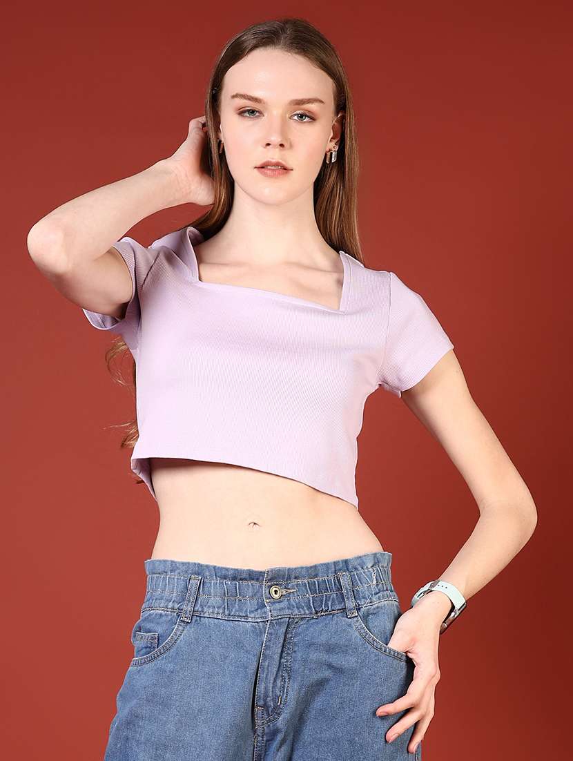 women solid square neck slim fit crop top - 21690798 -  Standard Image - 1