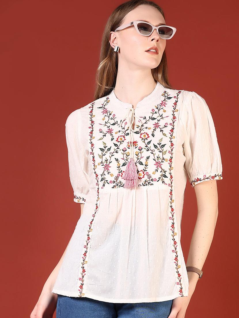 women off white embroidered a-line top - 21690808 - Standard Image - 1
