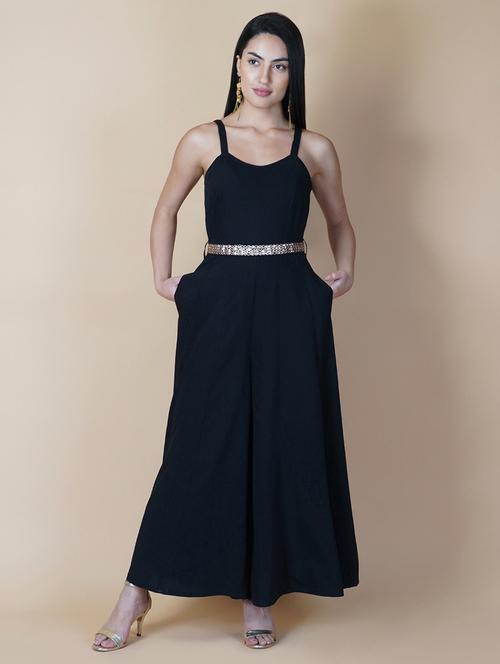 women sleeveless solid full leg jumpsuit with belt - 21690857 - Standard Image - 0
