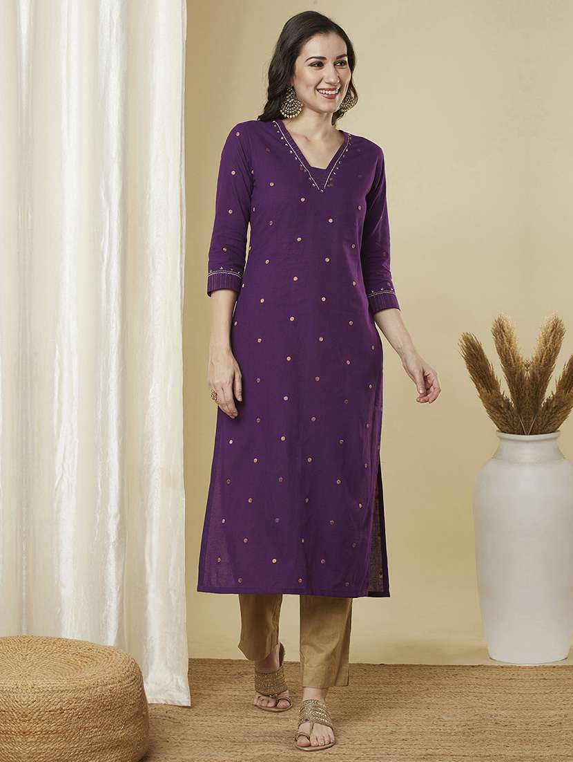 women self design three quarter sleeve straight kurta - 21691047 -  Standard Image - 1