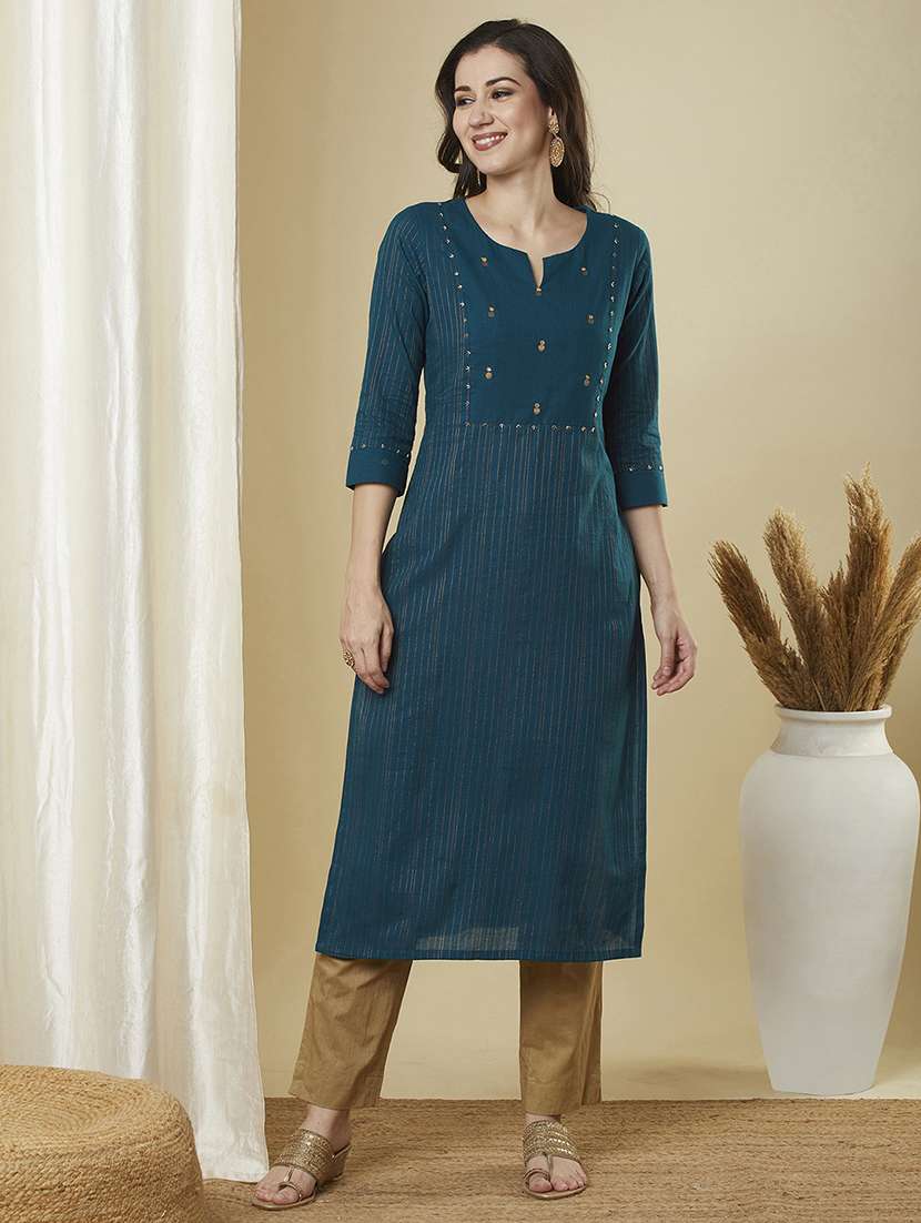 women self design three quarter sleeve straight kurta - 21691048 -  Standard Image - 1