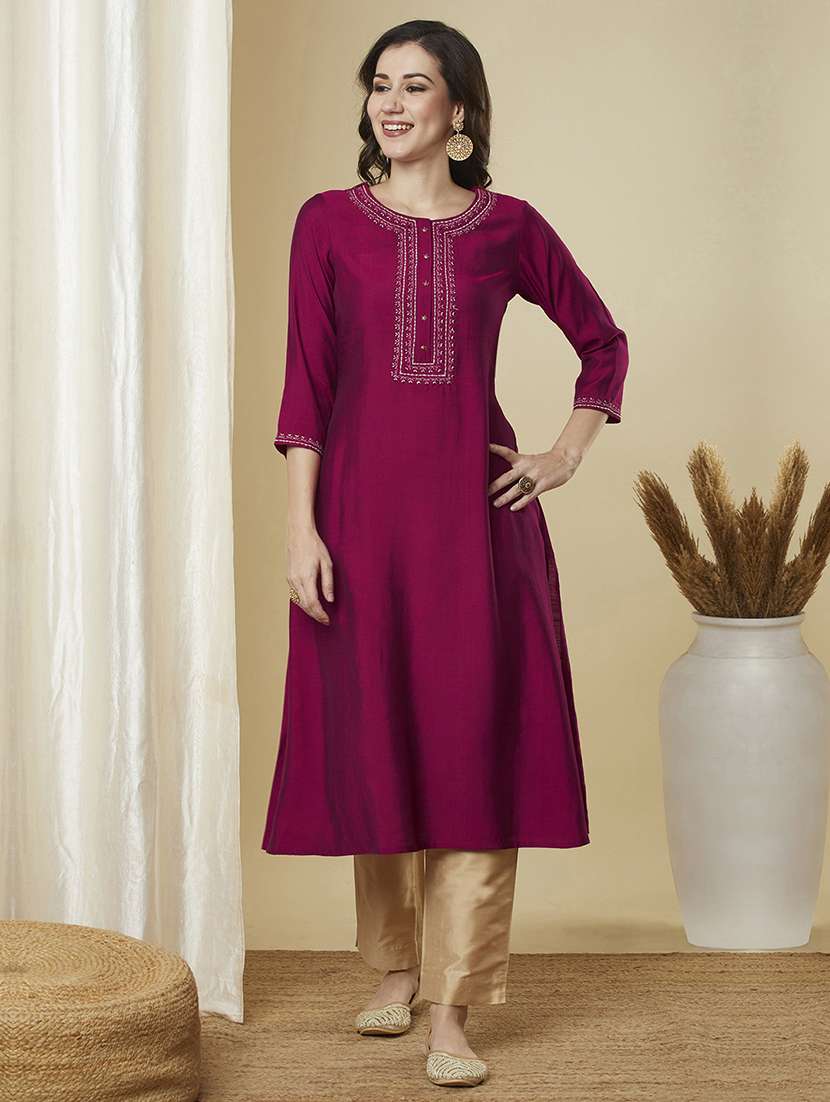 women embroidered three quarter sleeve a-line kurta
