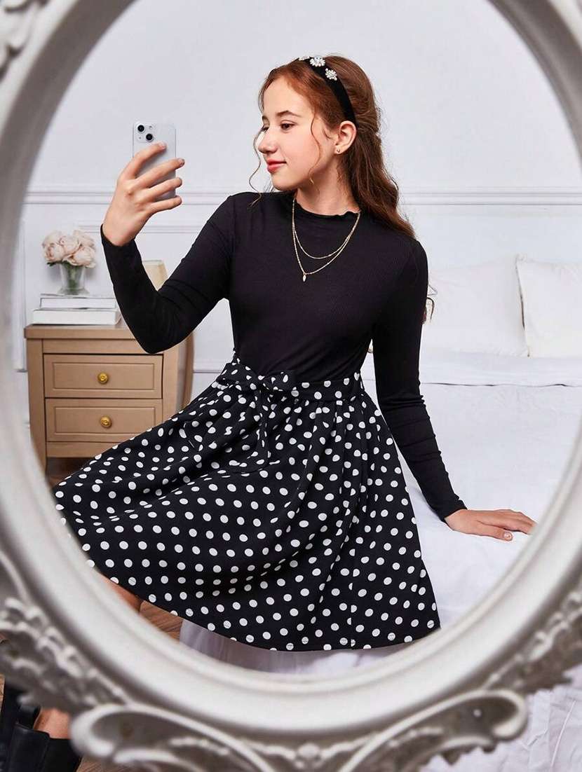 girls polka dot print long sleeve fit & flare dress - 21691129 -  Standard Image - 1