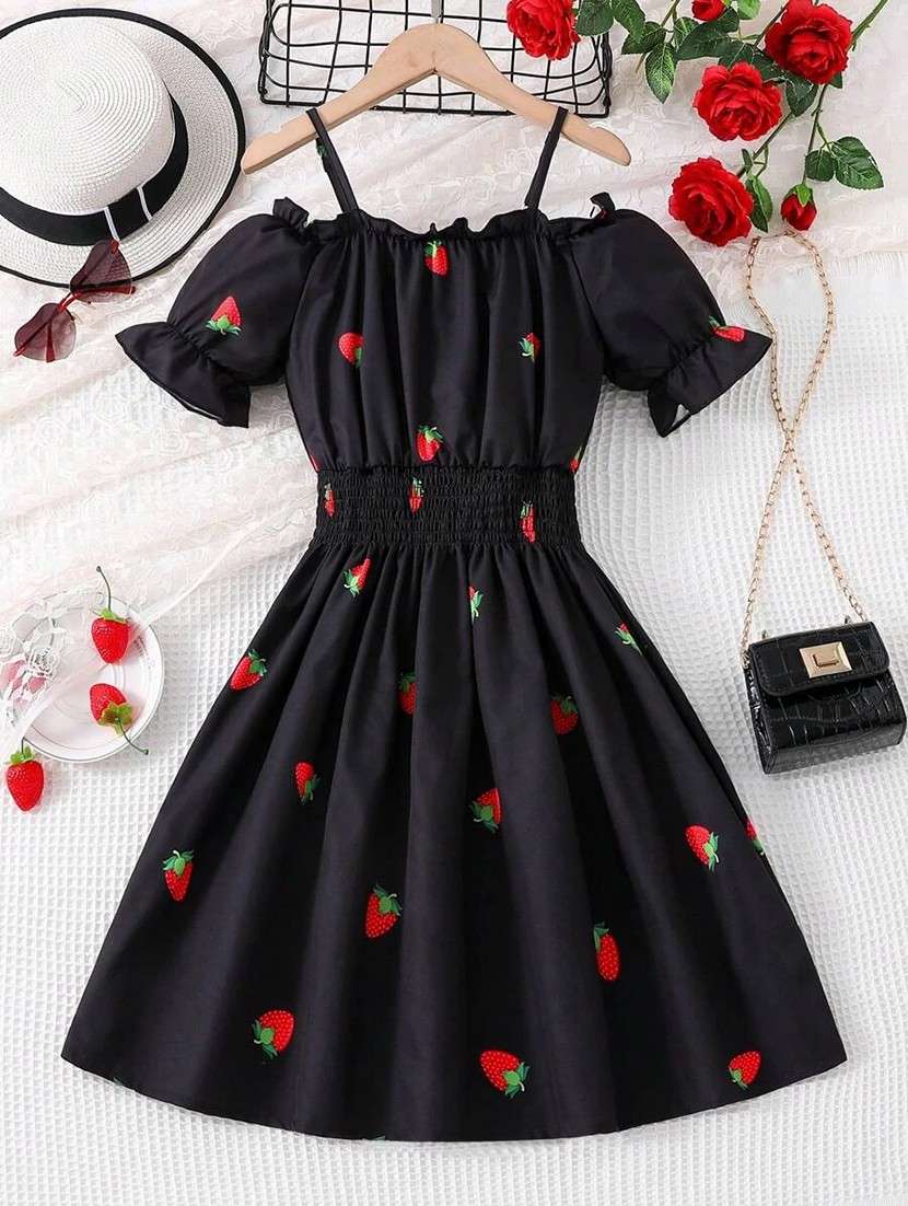 girls black printed puff sleeve dress - 21691212 -  Standard Image - 1