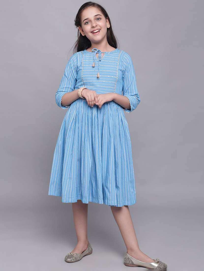 girls light blue striped tie up neck dress - 21691255 - Standard Image - 1