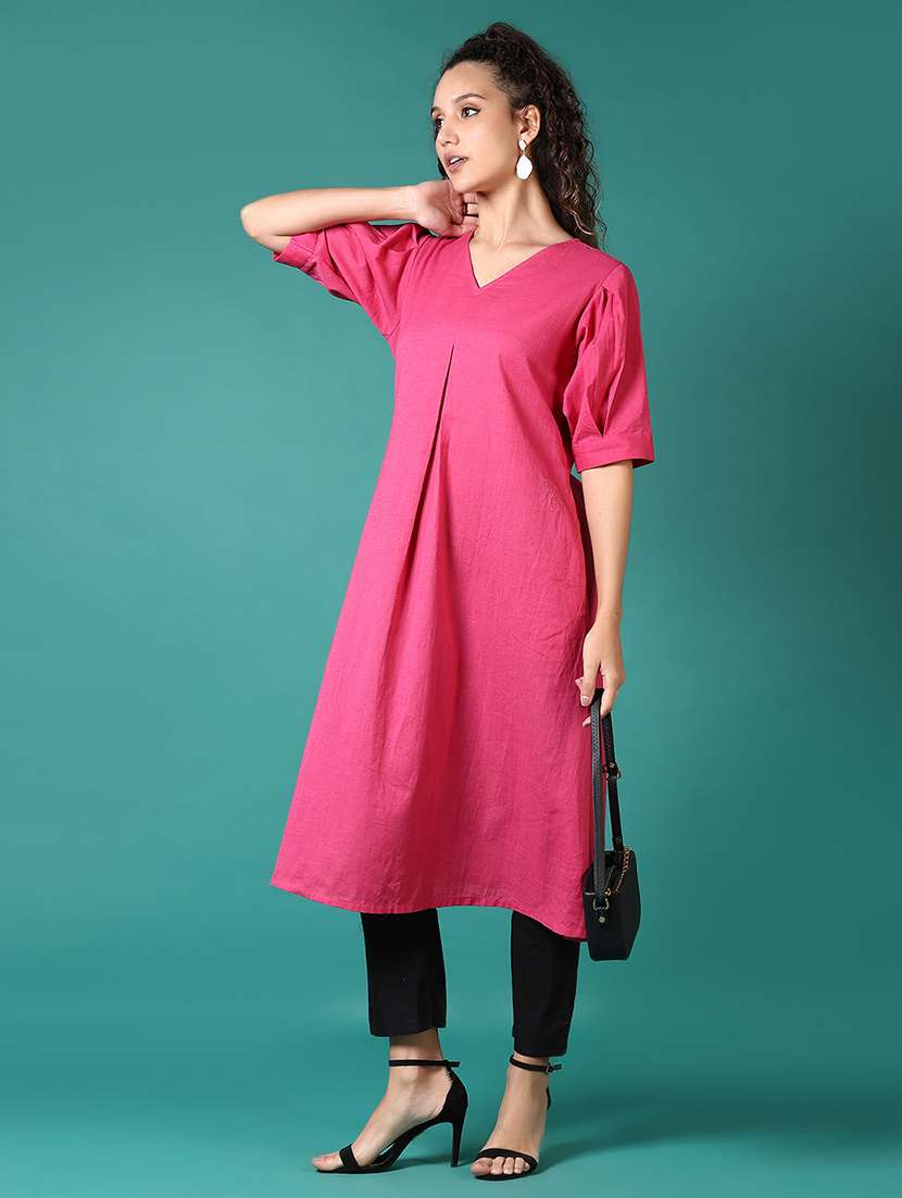women solid short sleeve a-line kurta - 21691387 -  Standard Image - 1