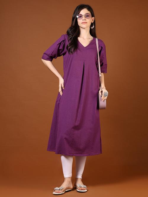 women purple solid elbow length a-line kurta - 21691388 - Standard Image - 0
