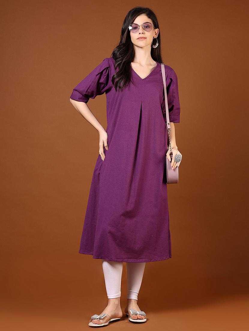 women purple solid elbow length a-line kurta - 21691388 - Zoom Image - 0