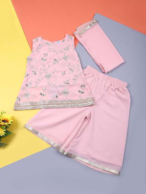 girls pink solid with work kurta palazzo set