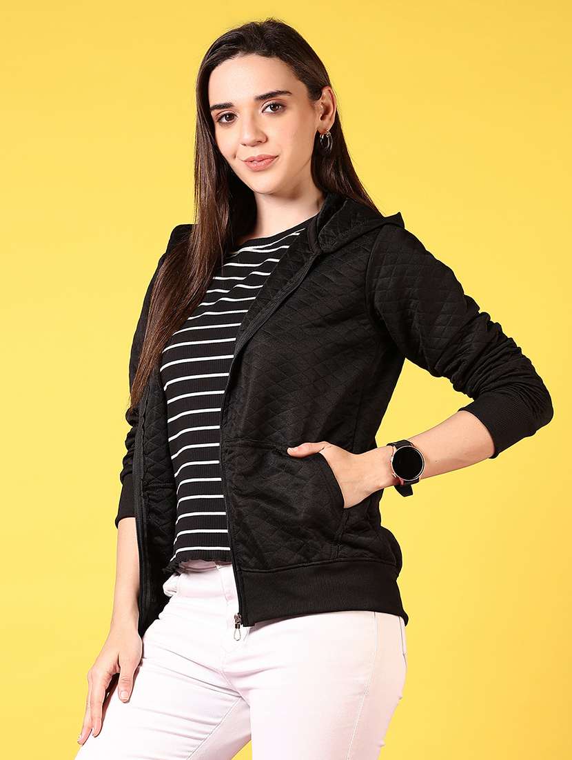 women black solid long sleeve hooded jacket