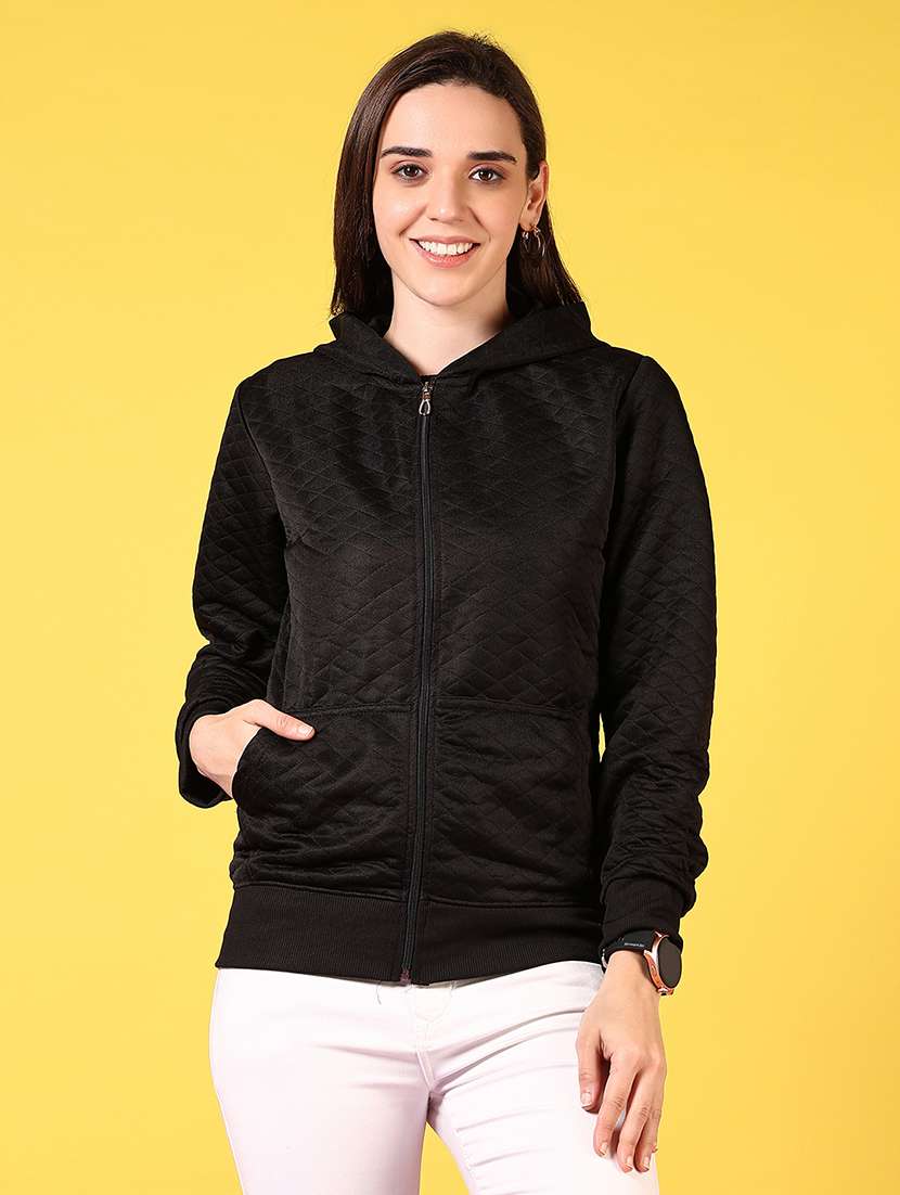 women black solid long sleeve hooded jacket - 21691394 -  Standard Image - 1