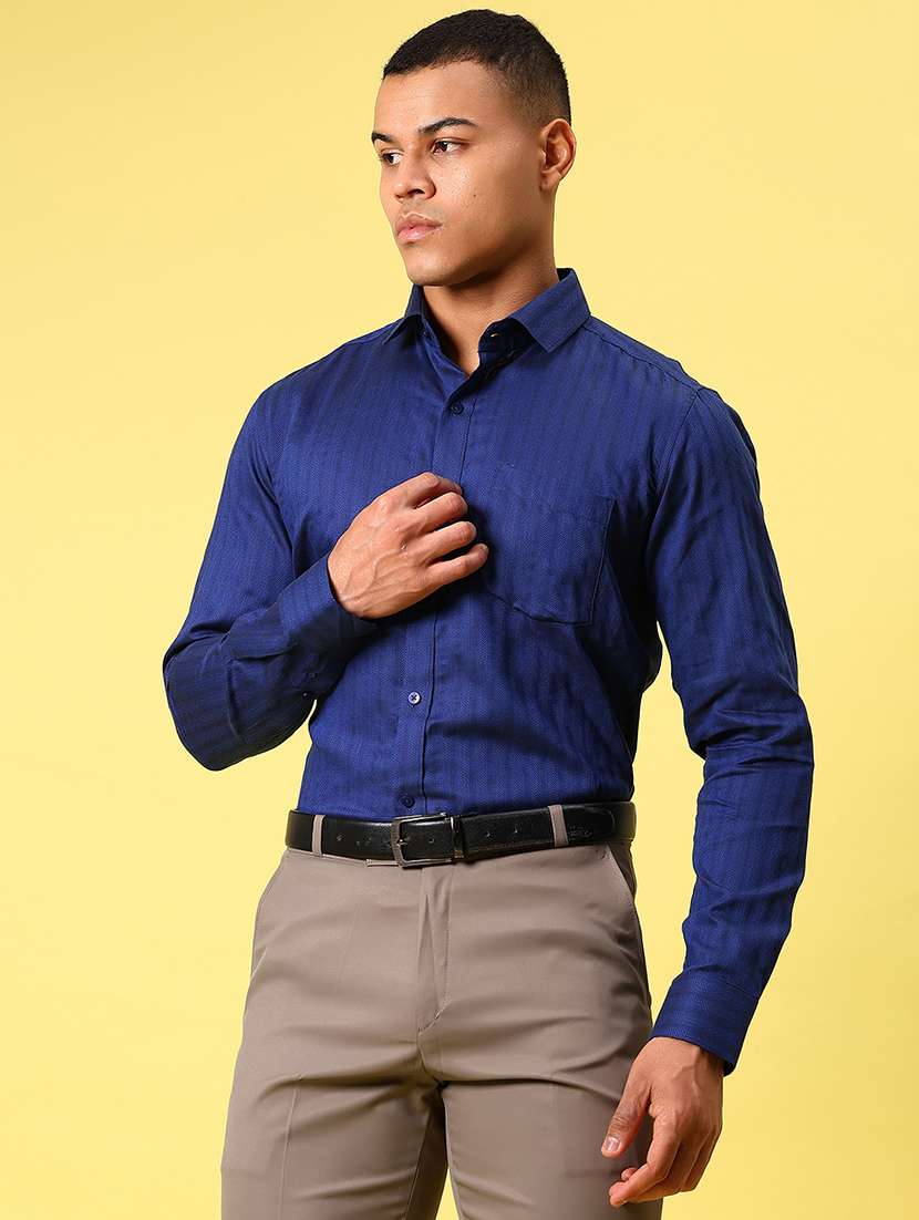 men blue solid collared long sleeve formal shirt - 21691407 -  Standard Image - 1