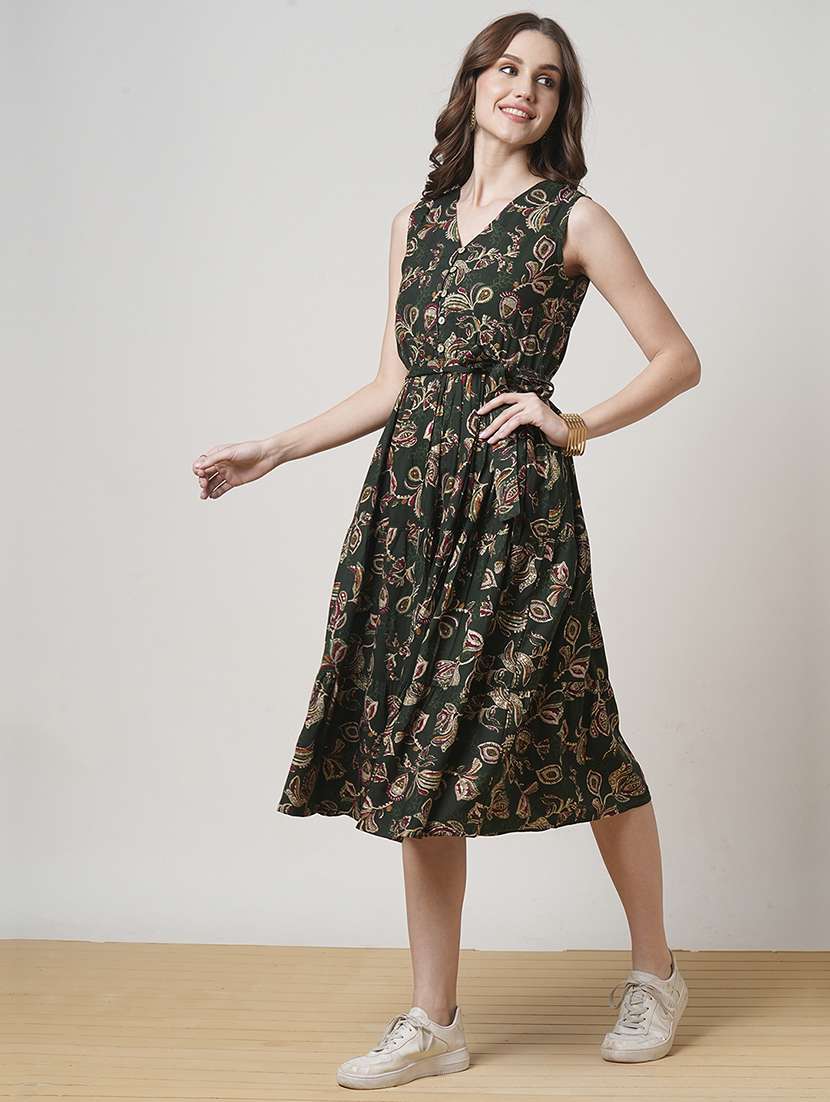 women bottle green printed tiered ethnic dress - 21691709 -  Standard Image - 1