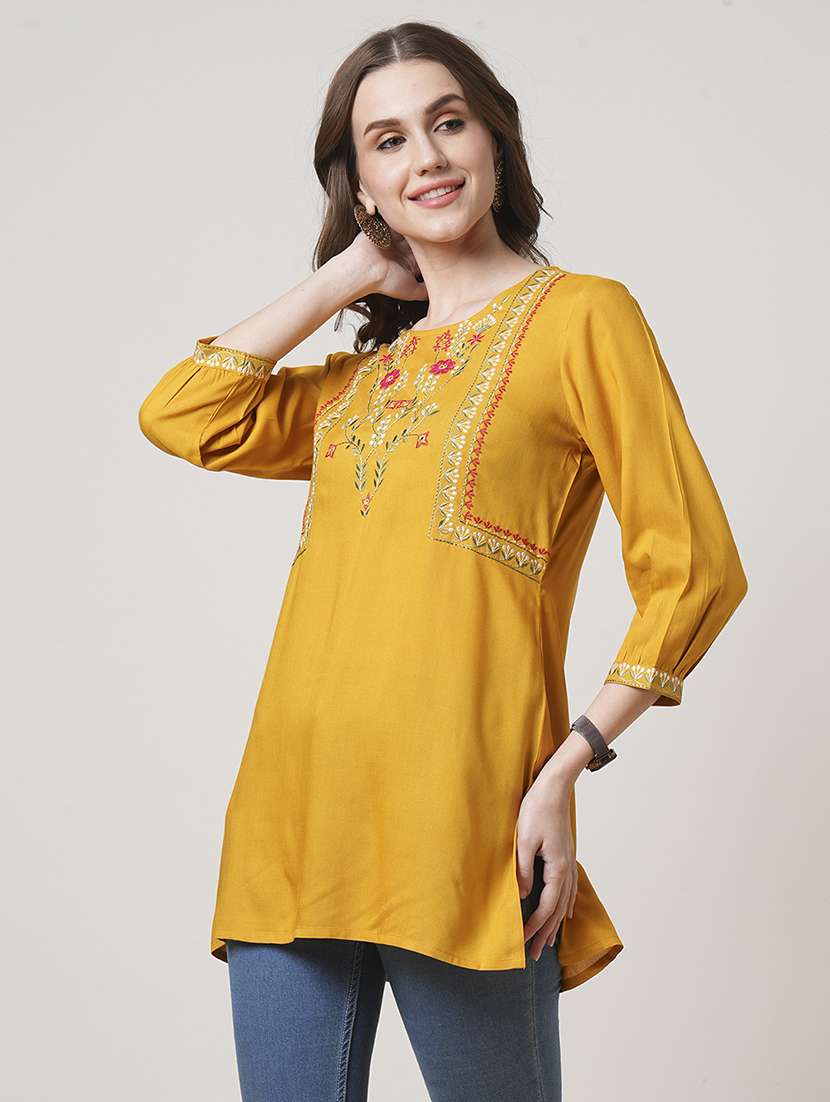 women mustard three quarter sleeve straight kurti - 21691710 -  Standard Image - 1