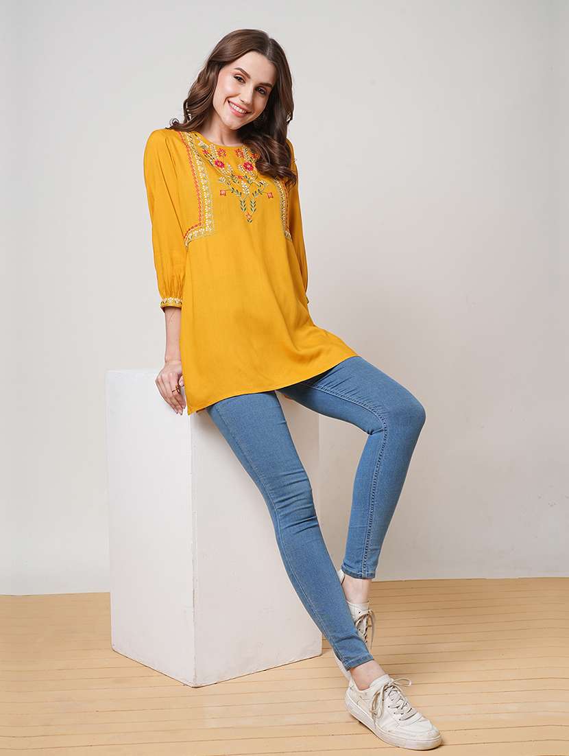 women mustard three quarter sleeve straight kurti - 21691710 -  Standard Image - 4