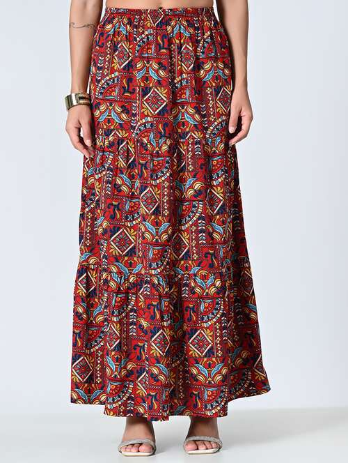 women printed high rise tiered maxi skirt - 21691807 - Standard Image - 0