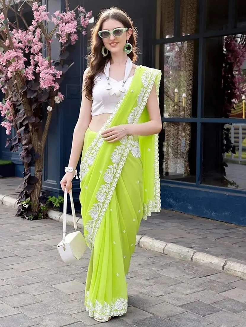 women lime embroidered saree with blouse