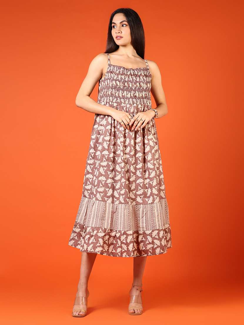 women brown printed flared ethnic dress with jacket