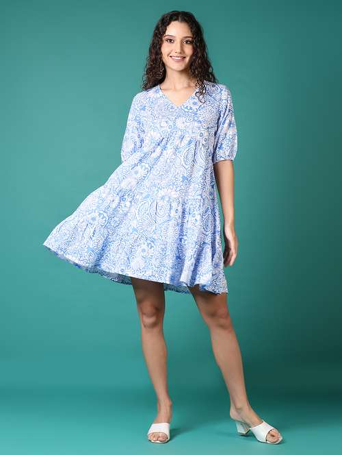 women light blue printed v neck tiered dress - 21691880 - Standard Image - 0