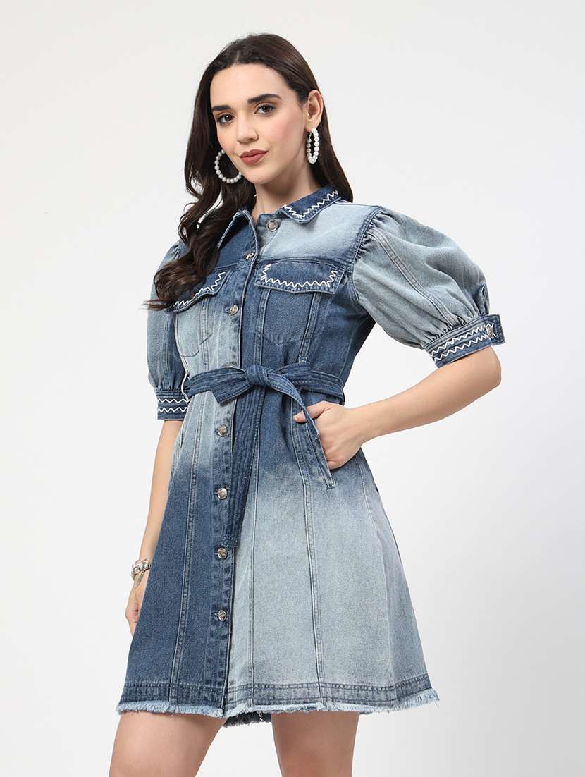 women puff sleeves acid washed shirt dress - 21692062 -  Standard Image - 1