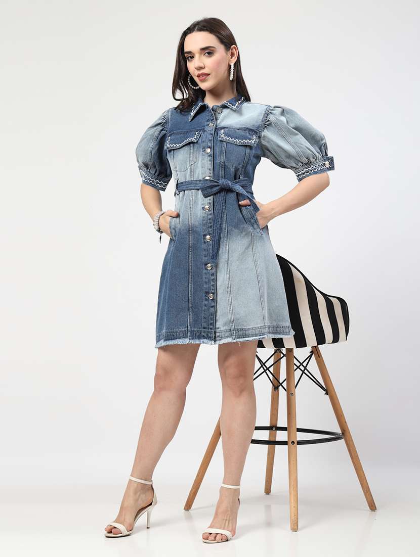women puff sleeves acid washed shirt dress - 21692062 -  Standard Image - 4