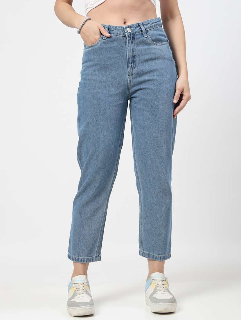 women mid rise straight fit plain jeans