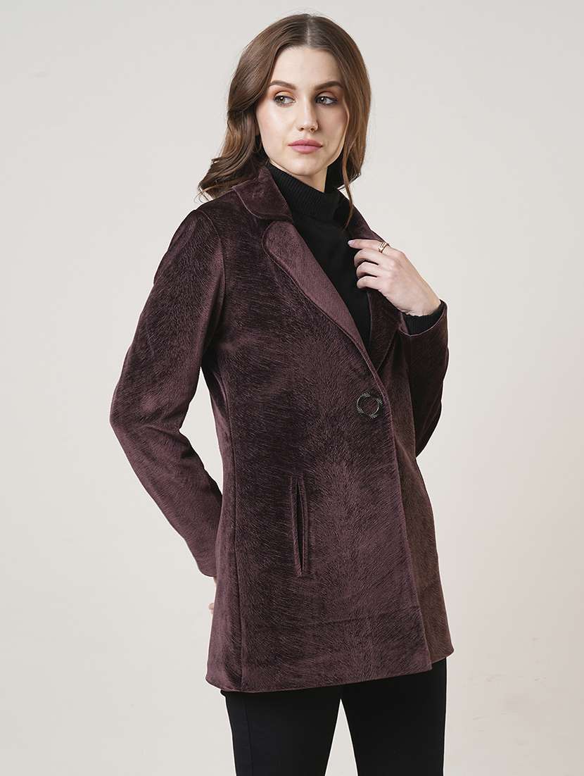women lapel neck solid regular coat - 21692153 - Standard Image - 1
