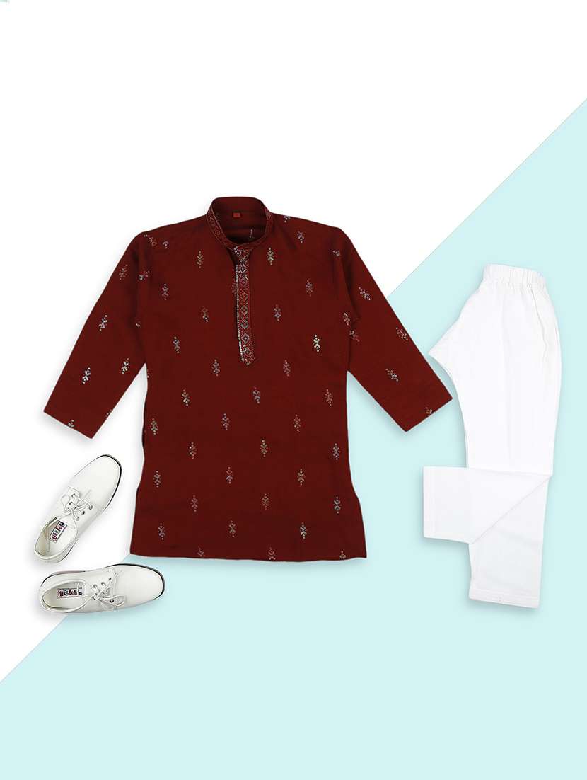 boys solid with work long sleeve kurta set 