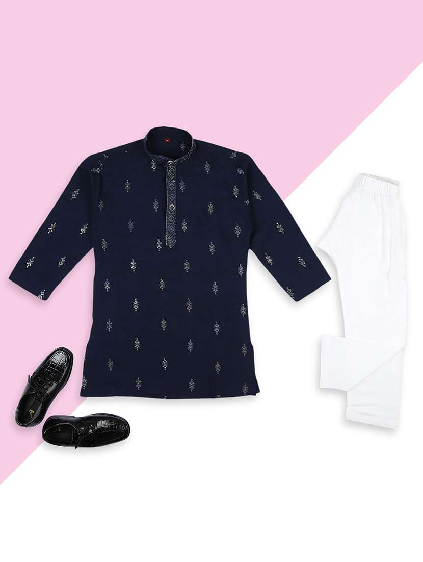 boys solid with work long sleeve kurta set 