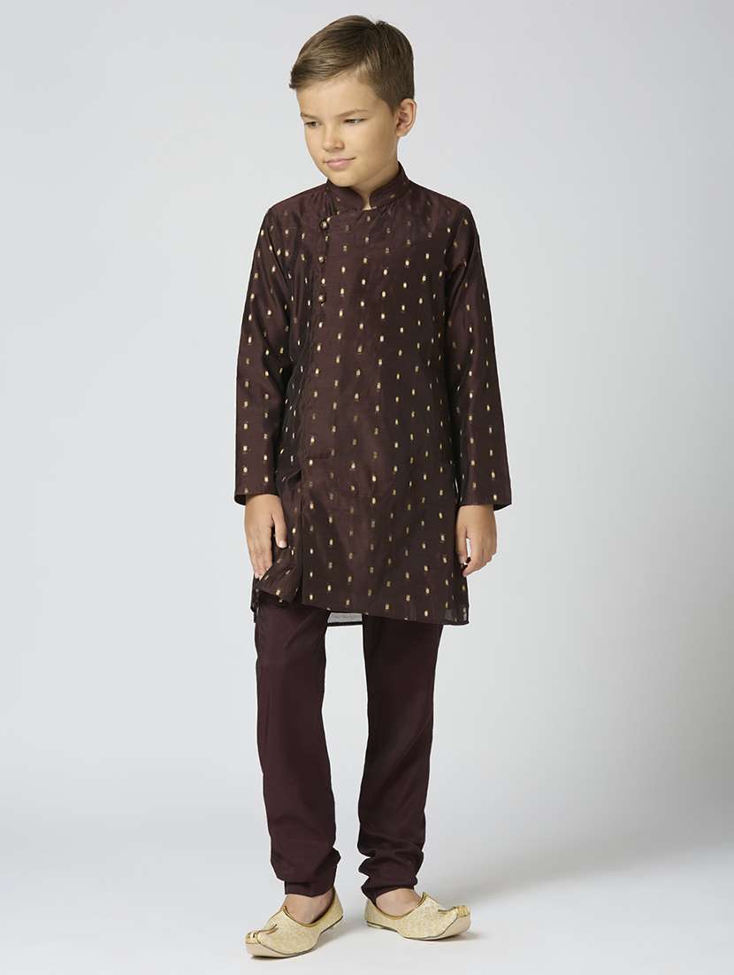 boys solid with work long sleeve kurta set 