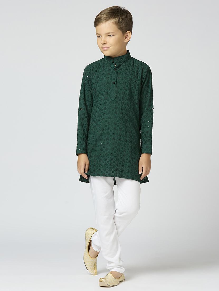 boys solid with work long sleeve kurta set 