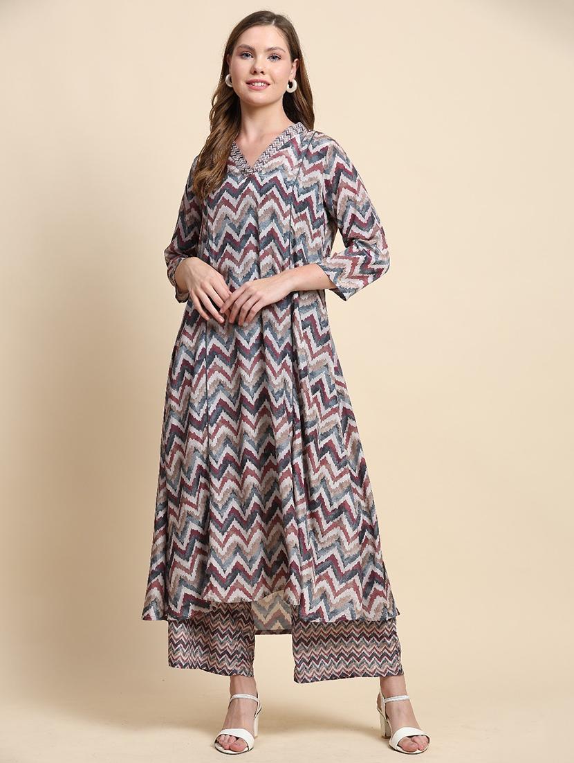 women chevron printed kurta palazzo co-ord sets - 21692300 -  Standard Image - 1