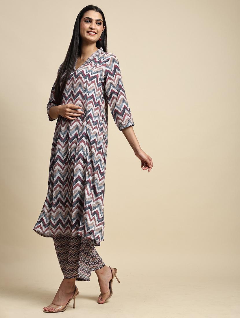 women chevron printed kurta palazzo co-ord sets - 21692301 -  Standard Image - 1