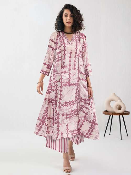 women off white printed kurta palazzo set 