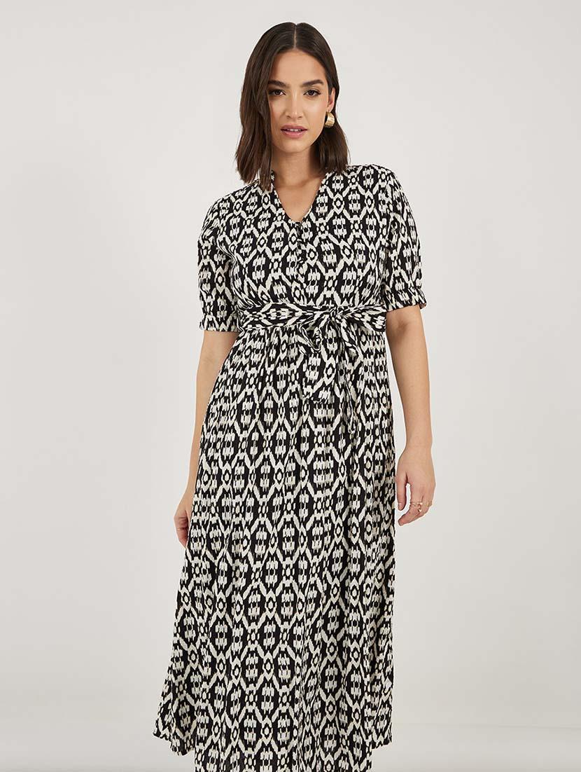 women printed mandarin neck a-line dress - 21692538 - Standard Image - 4