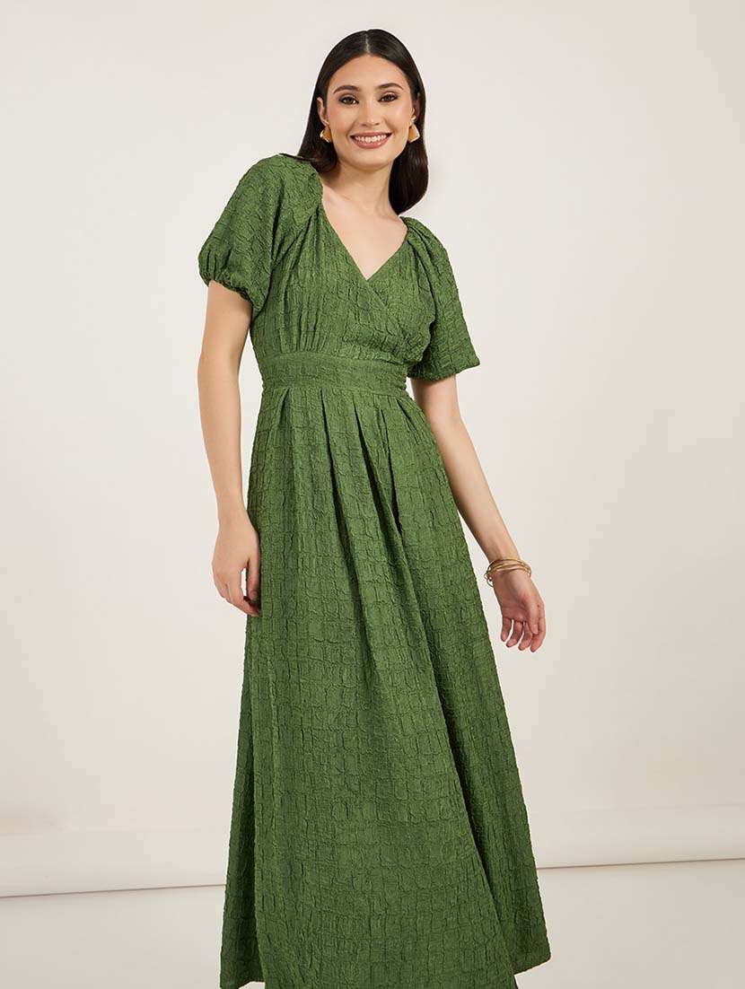 women solid puff sleeves fit & flare dress - 21692546 -  Standard Image - 1