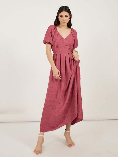 women solid puff sleeves fit & flare dress - 21692547 - Standard Image - 0