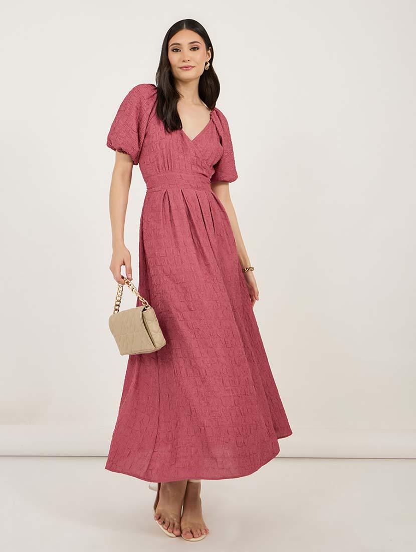 women solid puff sleeves fit & flare dress - 21692547 -  Standard Image - 1