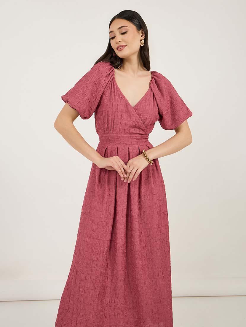 women solid puff sleeves fit & flare dress - 21692547 - Standard Image - 4