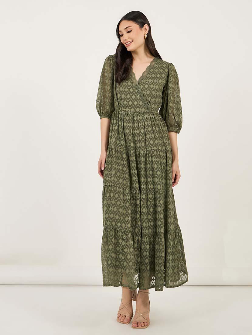women self designed puff sleeves tiered dress - 21692549 - Standard Image - 1