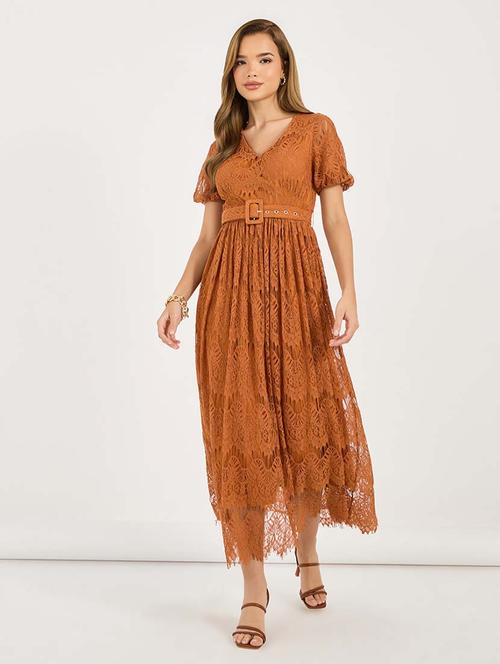 women lace detailed puff sleeves belted dress - 21692552 -  Standard Image - 0