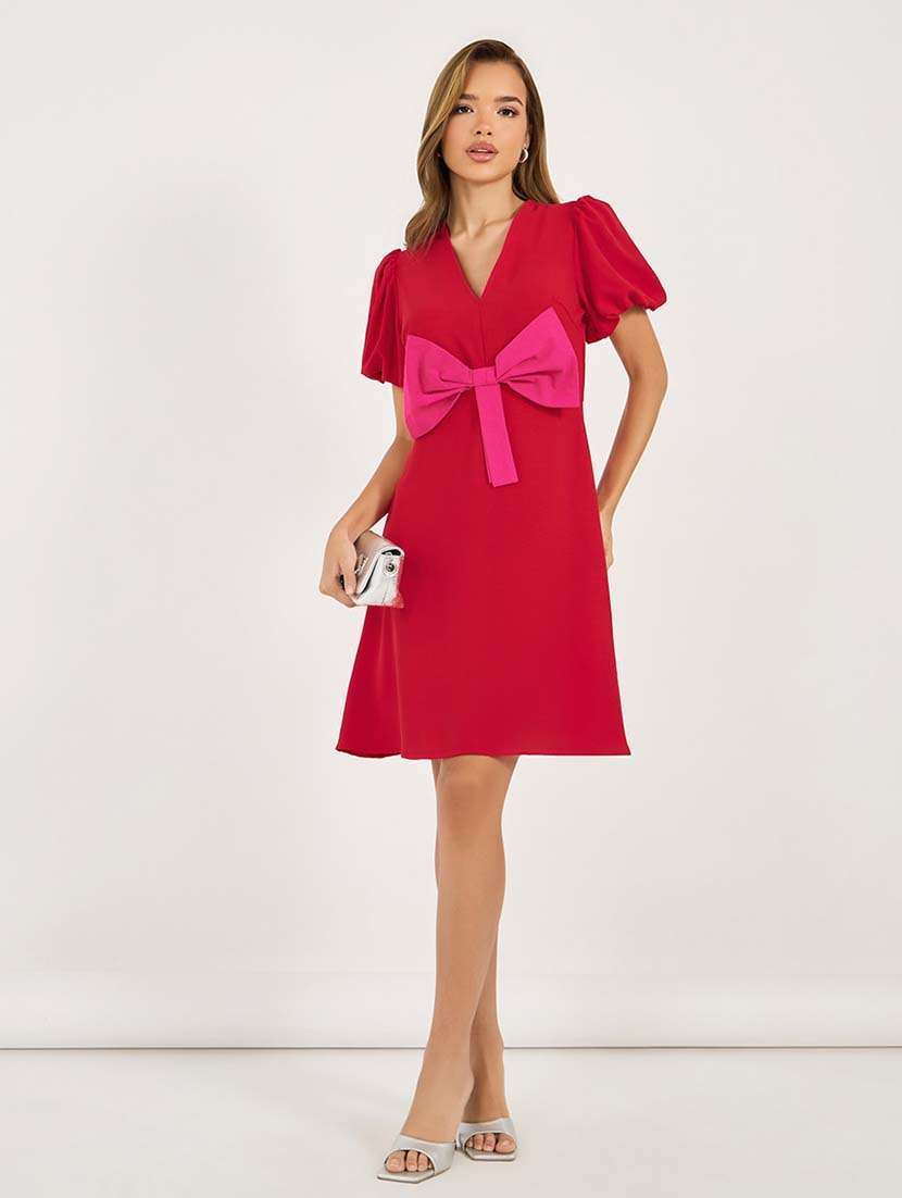 women solid puff sleeves front bow detailed a-line dress - 21692553 - Zoom Image - 0