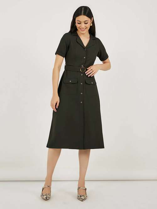 women solid lapel collar belted shirt dress - 21692555 -  Standard Image - 0